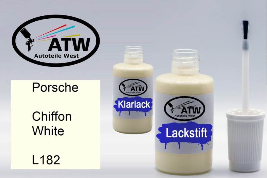 Porsche, Chiffon White, L182: 20ml Lackstift + 20ml Klarlack - Set, von ATW Autoteile West.